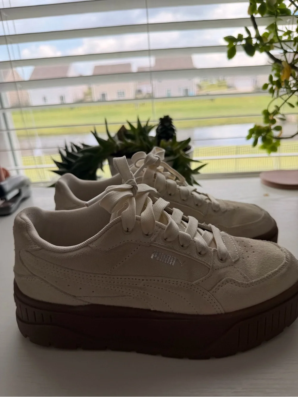 Puma Cream Suede Platform Sneakers with Brown Sole